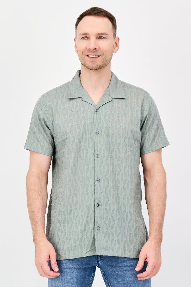 Threadbare Men Regular Fit Textured Short Sleeve Casual Shirt, Slate Green - Image 1